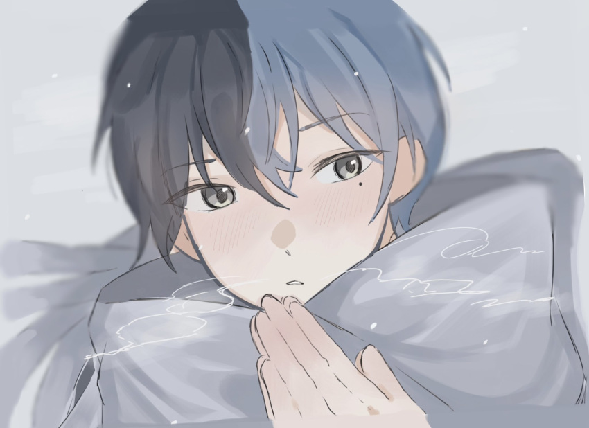 1boy, 555_kko, aoyagi_touya, blue_hair, commentary_request, dark_blue_hair, grey_eyes, highres, male_focus, mole, mole_under_eye, multicolored_hair, own_hands_together, parted_lips, project_sekai, short_hair, solo, split-color_hair, two-tone_hair