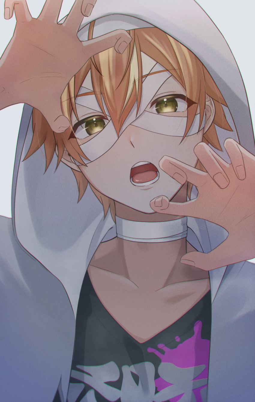 1boy, absurdres, bandage_on_face, bandaged_neck, bandages, blonde_hair, commentary, fingernails