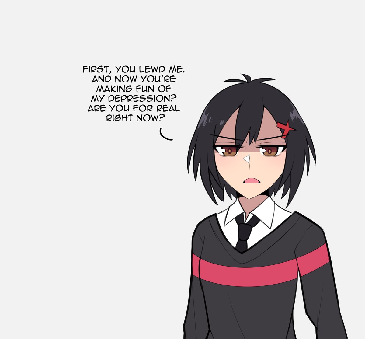 1girl, annoyed, arms_at_sides, black_hair, black_necktie, black_sweater, bluebutter, bob_cut, breasts, bright_pupils, brown_eyes, commentary, cowlick, dress_shirt, english_commentary, english_text, fourth_wall, frown, hair_between_eyes, hair_ornament, long_sleeves, looking_at_viewer, marvel, narrowed_eyes, necktie, open_mouth, peni_parker, school_uniform, shaded_face, shirt, short_hair, simple_background, small_breasts, solo, spider-man:_across_the_spider-verse, spider-man_(series), spider-verse, straight-on, sweater, unhappy, upper_body, v-shaped_eyebrows, white_shirt, x_hair_ornament