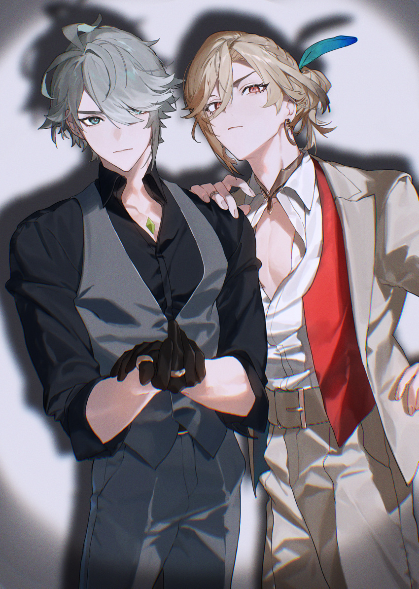 2boys, alhaitham_(genshin_impact), aqua_eyes, aqua_hair, belt, belt_buckle, black_gloves, black_shirt