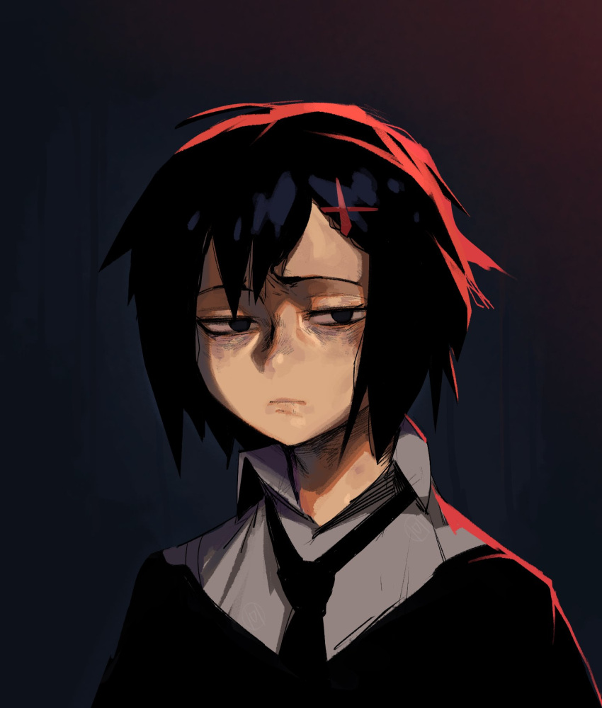 :|, backlighting, bags_under_eyes, black_background, black_eyes, black_hair, black_necktie, black_sweater