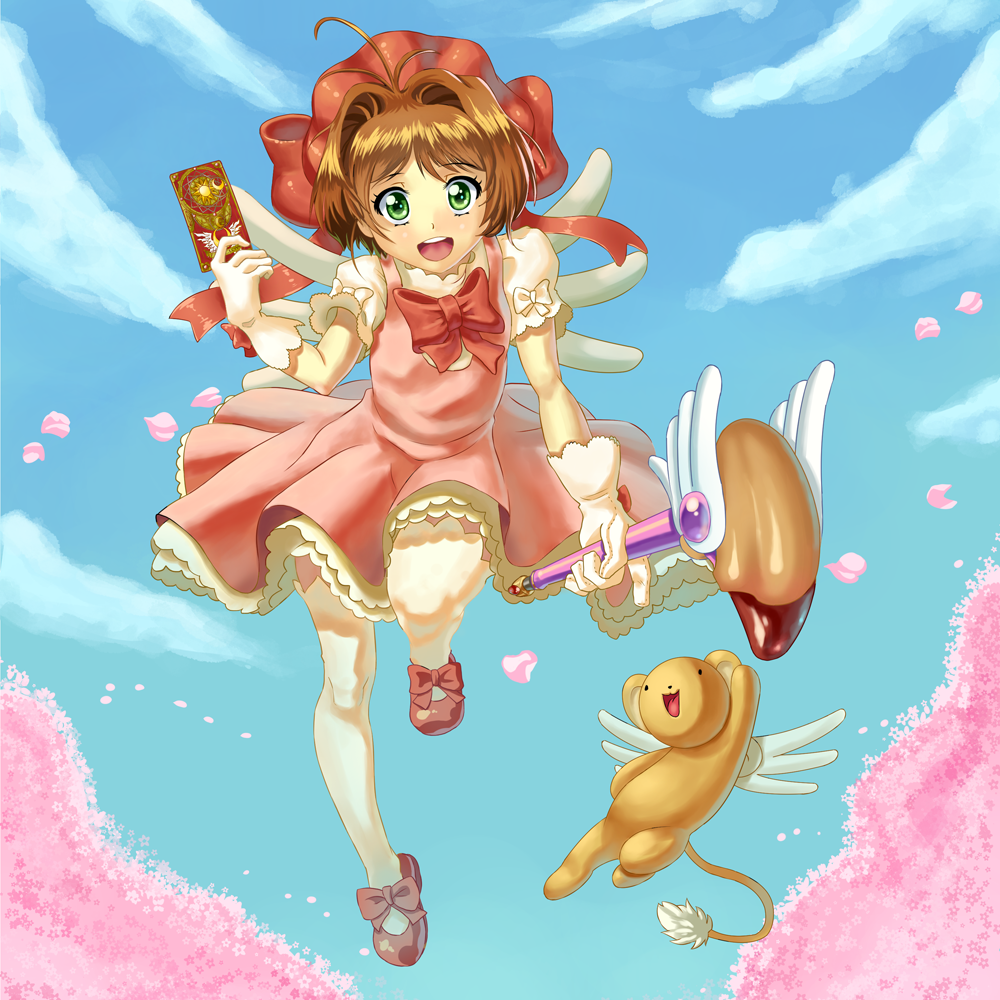 1girl, :3, :d, ahoge, arm_up, blouse, blue_sky, bow