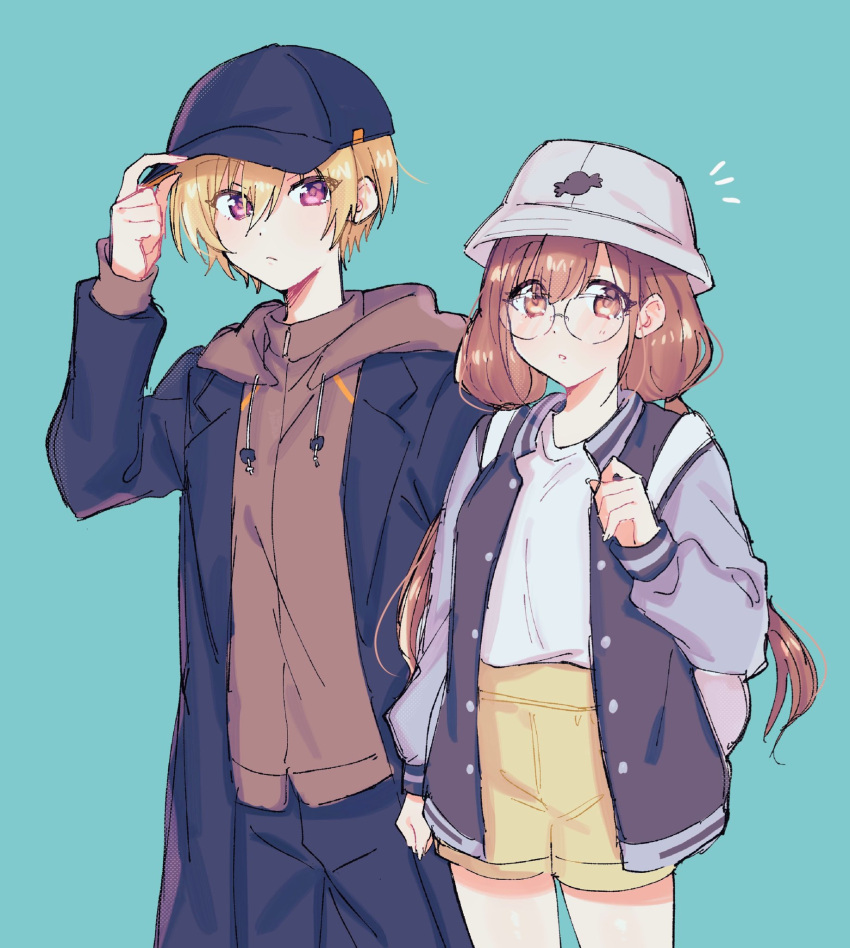 1b_104, 2girls, aqua_background, backpack, bag, baseball_cap, blonde_hair, brown_hair