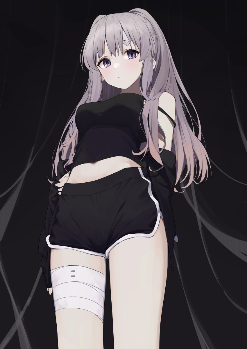 1girl, absurdres, arm_behind_back, bandaged_leg, bandages, bandaid, bandaid_on_face, black_background