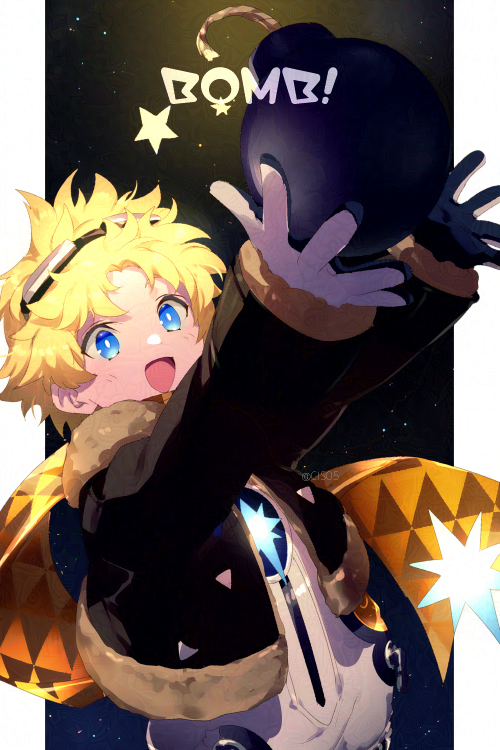 1boy, blonde_hair, bomb, child, commentary_request, echo_(circa), english_text, explosive, fate/grand_order, fate/requiem, fate_(series), fur-trimmed_jacket, fur_trim, gloves, goggles, goggles_on_head, jacket, long_sleeves, male_child, male_focus, open_clothes, open_jacket, open_mouth, outside_border, pillarboxed, scarf, short_hair, smile, solo, spacesuit, star_(sky), twitter_username, voyager_(fate), voyager_(third_ascension)_(fate), white_gloves, yellow_scarf
