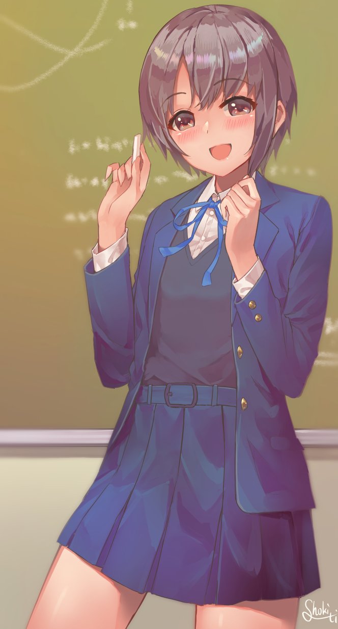 1girl, :d, artist_name, belt, black_eyes, black_vest, blue_belt, blue_jacket