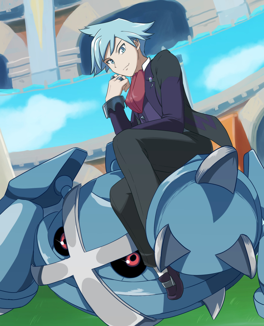 1boy, ascot, black_footwear, black_jacket, black_pants, black_sclera, blue_eyes, blue_hair