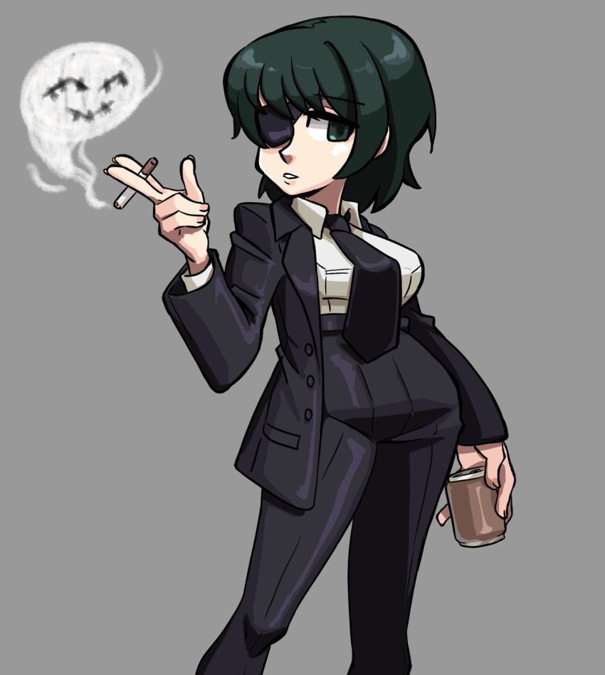 1girl, beer_can, black_hair, black_jacket, black_necktie, black_pants, breasts, can