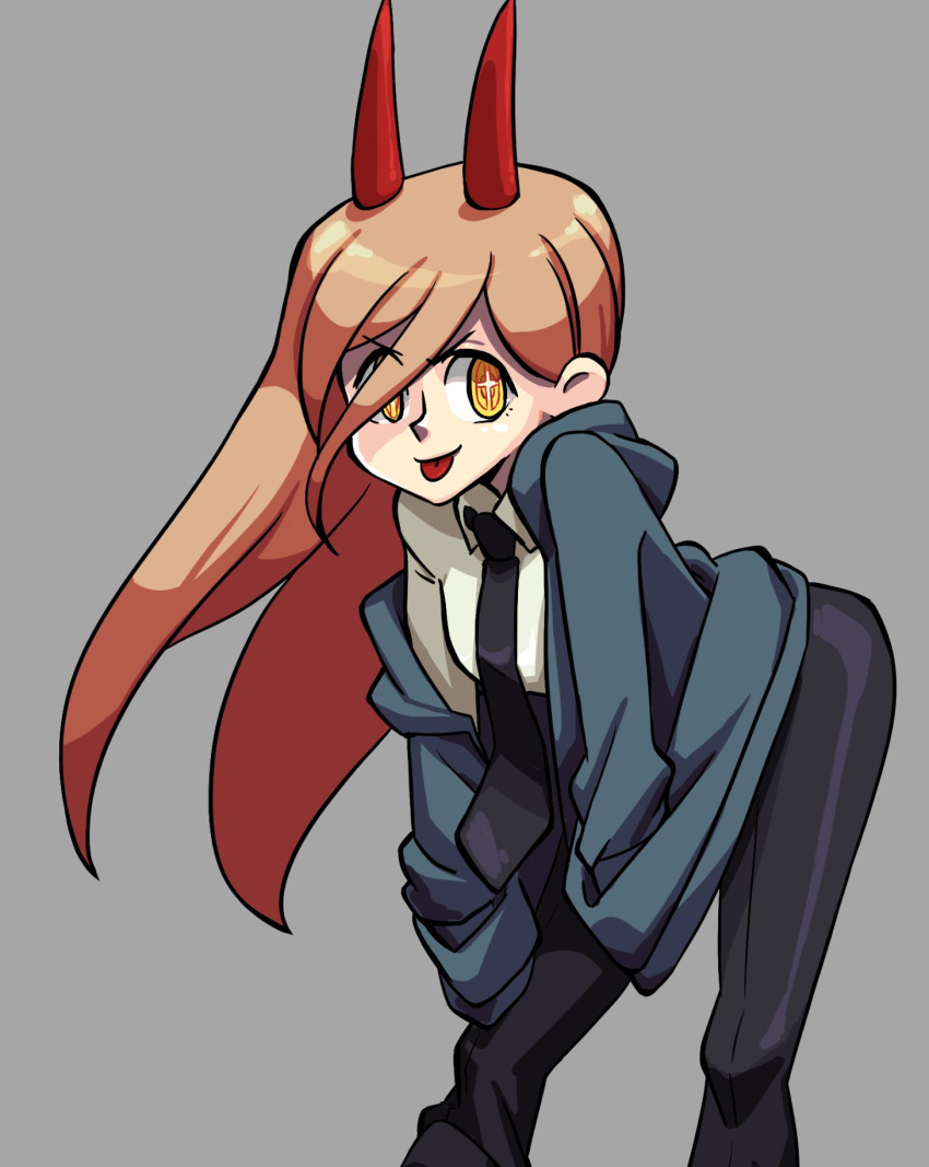 1girl, black_necktie, black_pants, brown_hair, chainsaw_man, collared_shirt, cross-shaped_pupils, grey_background