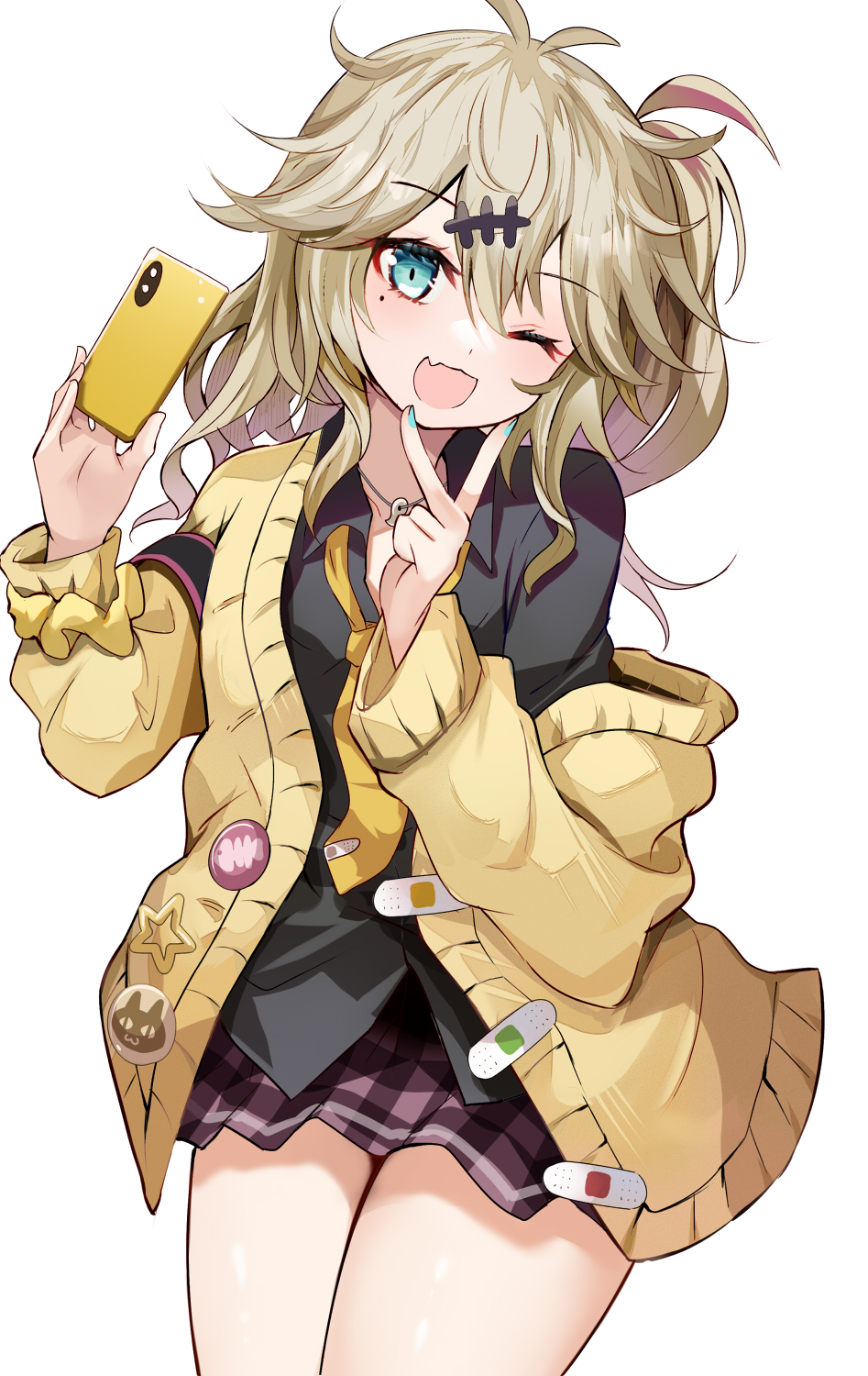 1girl, ;d, aqua_nails, artist_request, bandaid, bandaid_on_clothes, black_shirt, blue_eyes