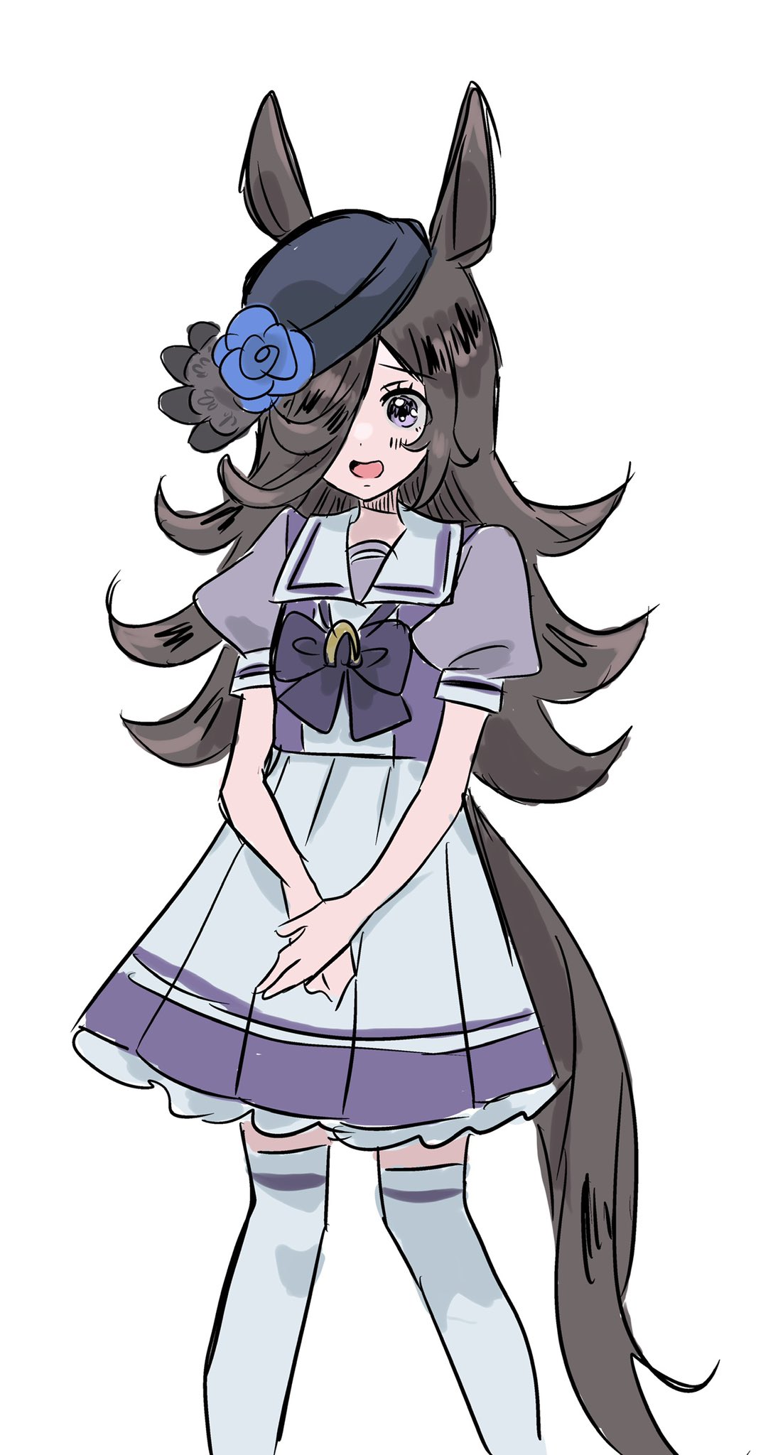 animal_ears, blue_flower, blue_headwear, blue_rose, bow, bowtie, brown_hair, cowboy_shot