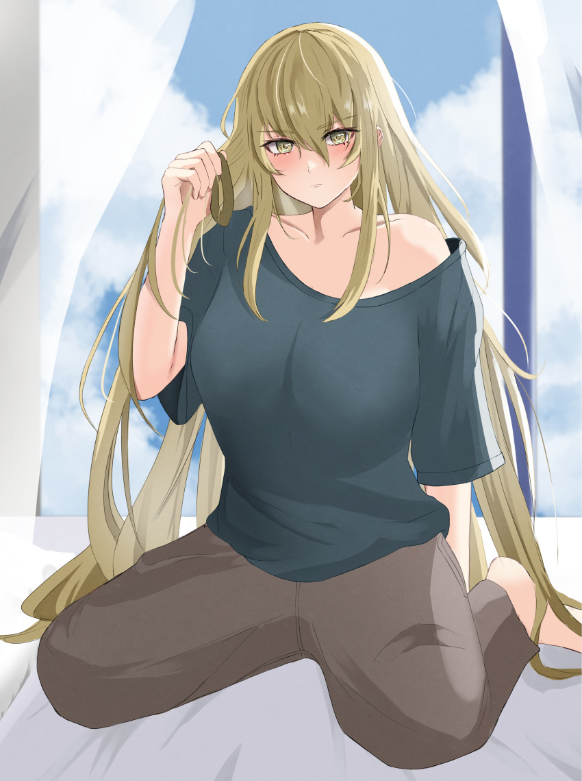 1girl, absurdres, alternate_costume, bed, blonde_hair, blue_sky, brown_pants, clouds, collarbone, commission, fire_emblem, fire_emblem_engage, hair_between_eyes, hair_ornament, hair_scrunchie, highres, holding_scrunchie, jade_(fire_emblem), long_hair, looking_at_viewer, on_bed, pants, peli_cantaro, scrunchie, shirt, single_bare_shoulder, sitting, skeb_commission, sky, solo, very_long_hair, yellow_eyes, yokozuwari