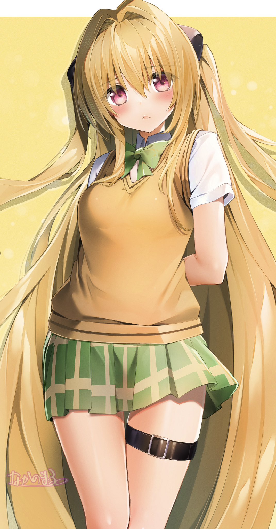 1girl, arms_behind_back, blonde_hair, bow, bowtie, collared_shirt, cowboy_shot, dress_shirt