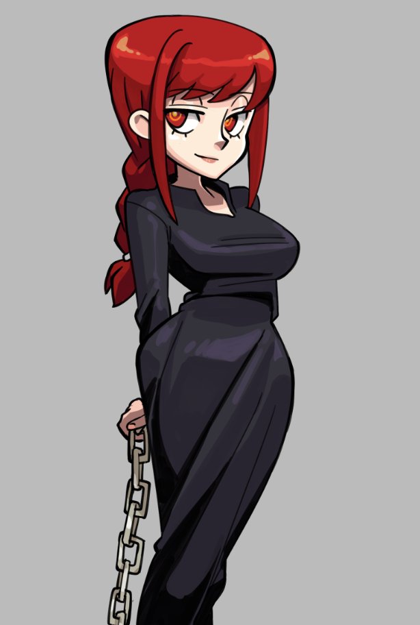 1girl, arms_behind_back, black_dress, braid, braided_ponytail, breasts, chain, chainsaw_man