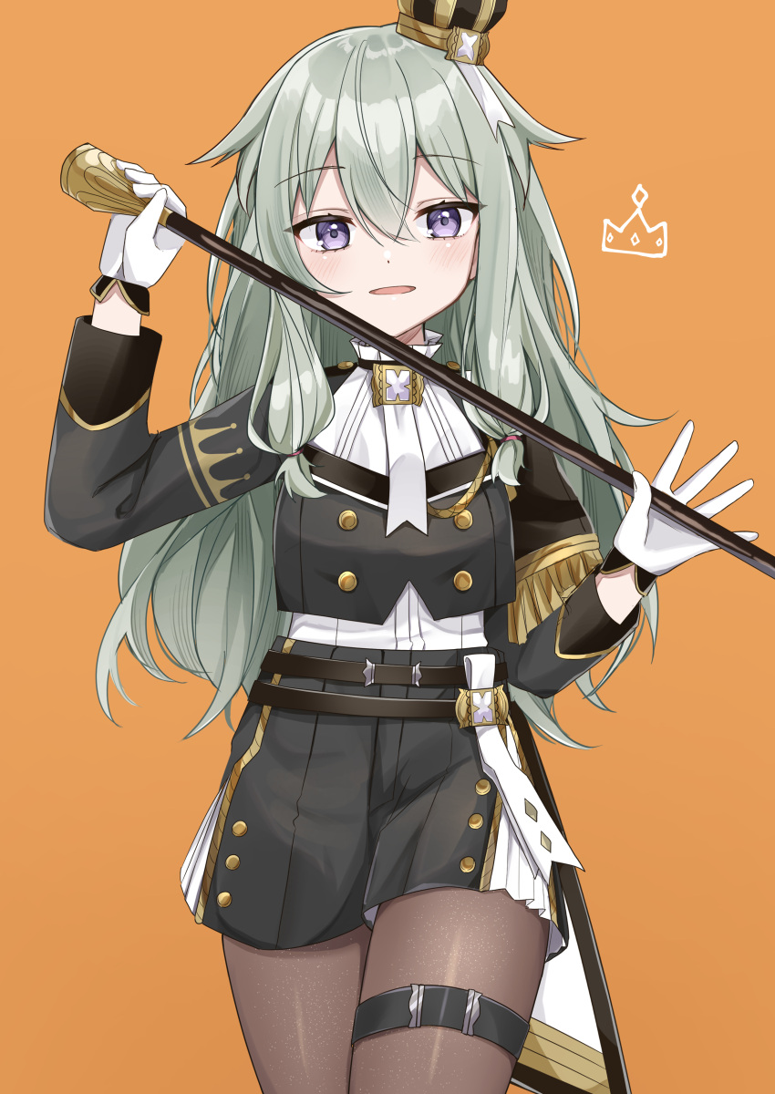 1girl, absurdres, aiguillette, belt, black_pantyhose, black_shirt, black_skirt, blush, buttons, cane, cowboy_shot, cropped_shirt, crown, dot_nose, double-breasted, fringe_trim, gloves, gold_trim, green_hair, hair_between_eyes, high_collar, highres, holding, holding_cane, kusanagi_nene, layered_clothes, long_hair, long_sleeves, looking_at_viewer, mini_crown, noneon319, open_mouth, orange_background, pantyhose, pleated_skirt, potato_ni_natte_iku_(vocaloid), project_sekai, raised_eyebrows, shirt, sidelocks, simple_background, skirt, solo, straight-on, thigh_strap, violet_eyes, vocaloid, white_gloves, white_shirt