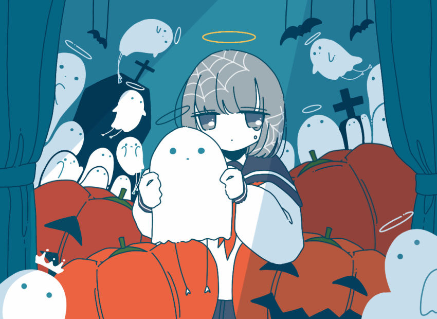 1girl, bat_(animal), black_eyes, black_sailor_collar, black_skirt, blue_background, bob_cut, coffin