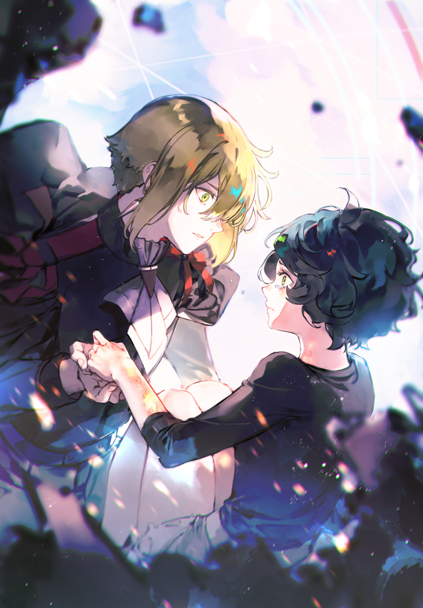 1boy, 1girl, absurdres, ascot, asticassia_school_uniform, black_hair, black_shirt, blonde_hair, blue_jacket, blue_pants, blush, collared_jacket, cowboy_shot, elan_ceres, epaulettes, fringe_trim, from_side, green_eyes, gundam, gundam_suisei_no_majo, hair_between_eyes, highres, holding_hands, jacket, knees_up, legs_together, light_areolae, long_sleeves, looking_at_another, lor_(roasyerizyonirapi), norea_du_noc, pants, parted_lips, school_uniform, shirt, short_hair, shorts, sidelocks, sitting, smoke, tearing_up, thighs, white_ascot, white_shorts, wide-eyed