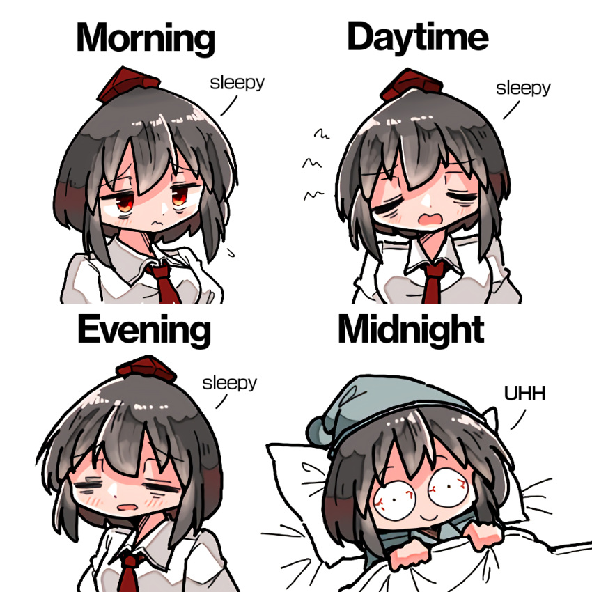 1girl, bags_under_eyes, black_hair, bloodshot_eyes, closed_eyes, collared_shirt, commentary, constricted_pupils