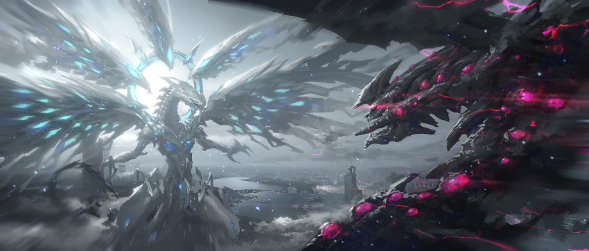 absurdres, claws, deep-eyes_white_dragon, dragon, duel_monster, floating, gandora-x_the_dragon_of_demolition, glowing