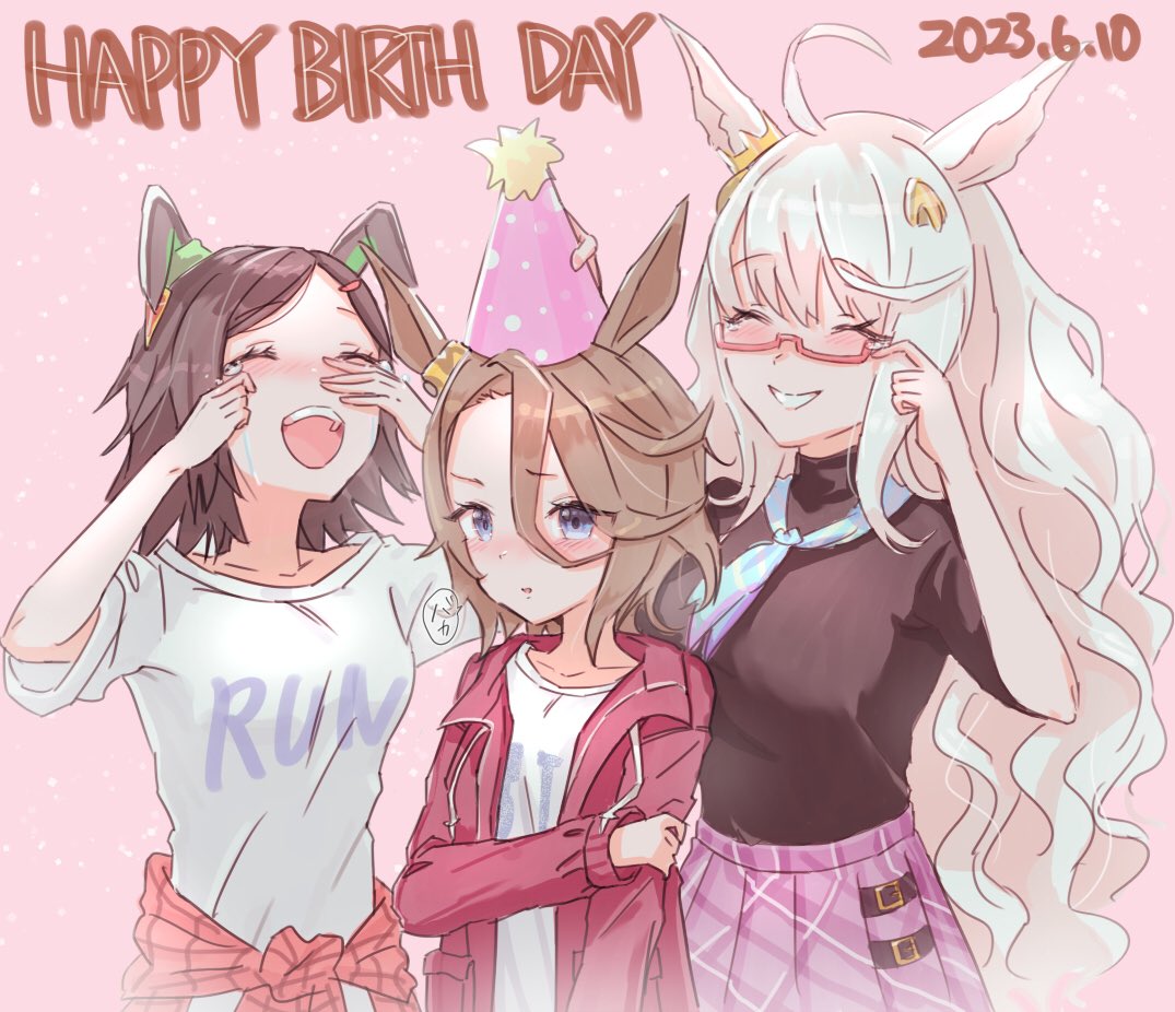 3girls, animal_ears, birthday, biwa_hayahide_(umamusume), black_hair, black_shirt, blue_eyes, blue_necktie