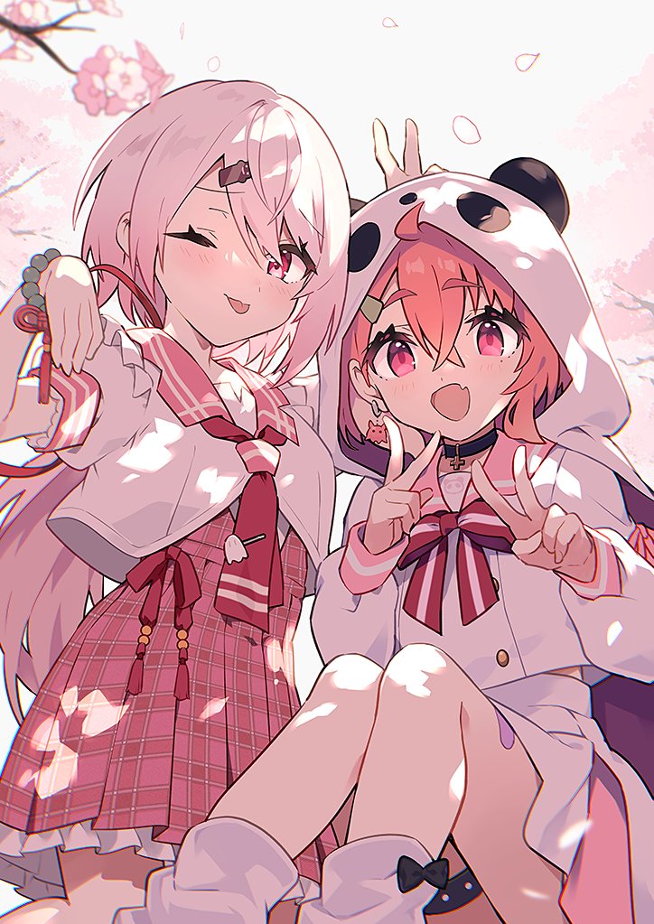 2girls, ahoge, animal_hood, bead_bracelet, beads, black_choker, bracelet, cherry_blossoms