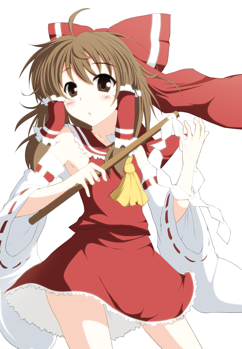 ayakase_riberi, blush, bow, brown_eyes, brown_hair, chiyoko_(chiyohan), collaboration, colored, commentary, detached_sleeves, hair_bow, hakurei_reimu, long_hair, solo, touhou