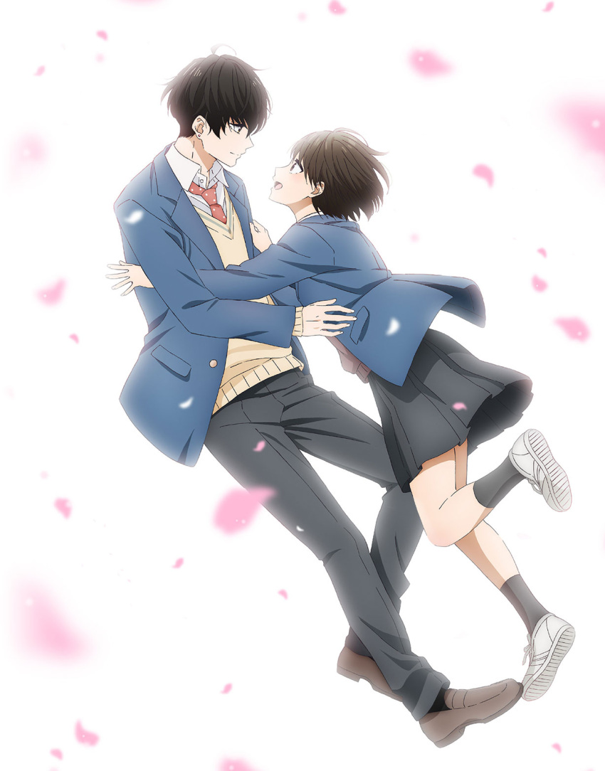 1boy, 1girl, black_hair, black_pants, black_skirt, black_socks, blazer, blue_jacket
