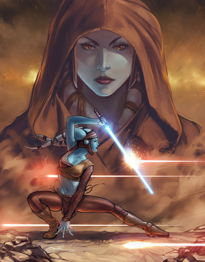 1girl, aayla_secura, alien, blue_lightsaber, blue_skin, boots, brown_eyes, brown_footwear