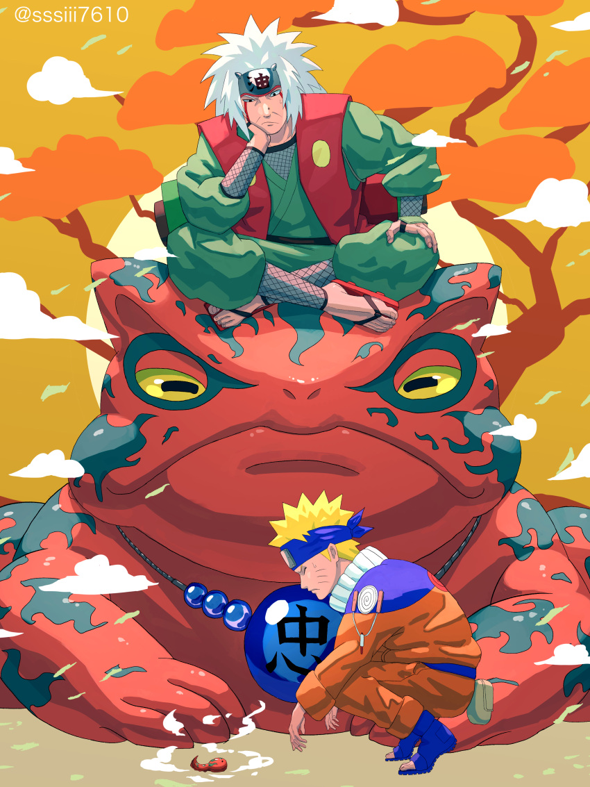 2boys, absurdres, blonde_hair, closed_eyes, facial_mark, forehead_protector, highres, japanese_clothes