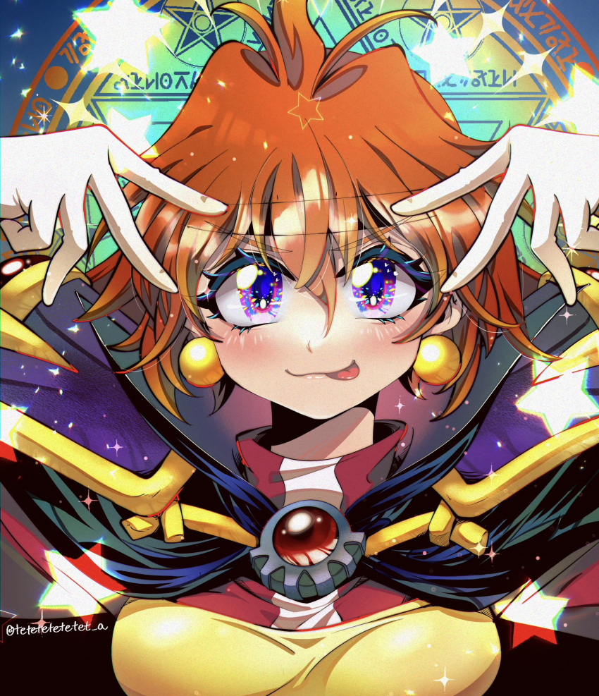 1girl, black_cape, blush, cape, double_v, earrings, gloves, hair_between_eyes