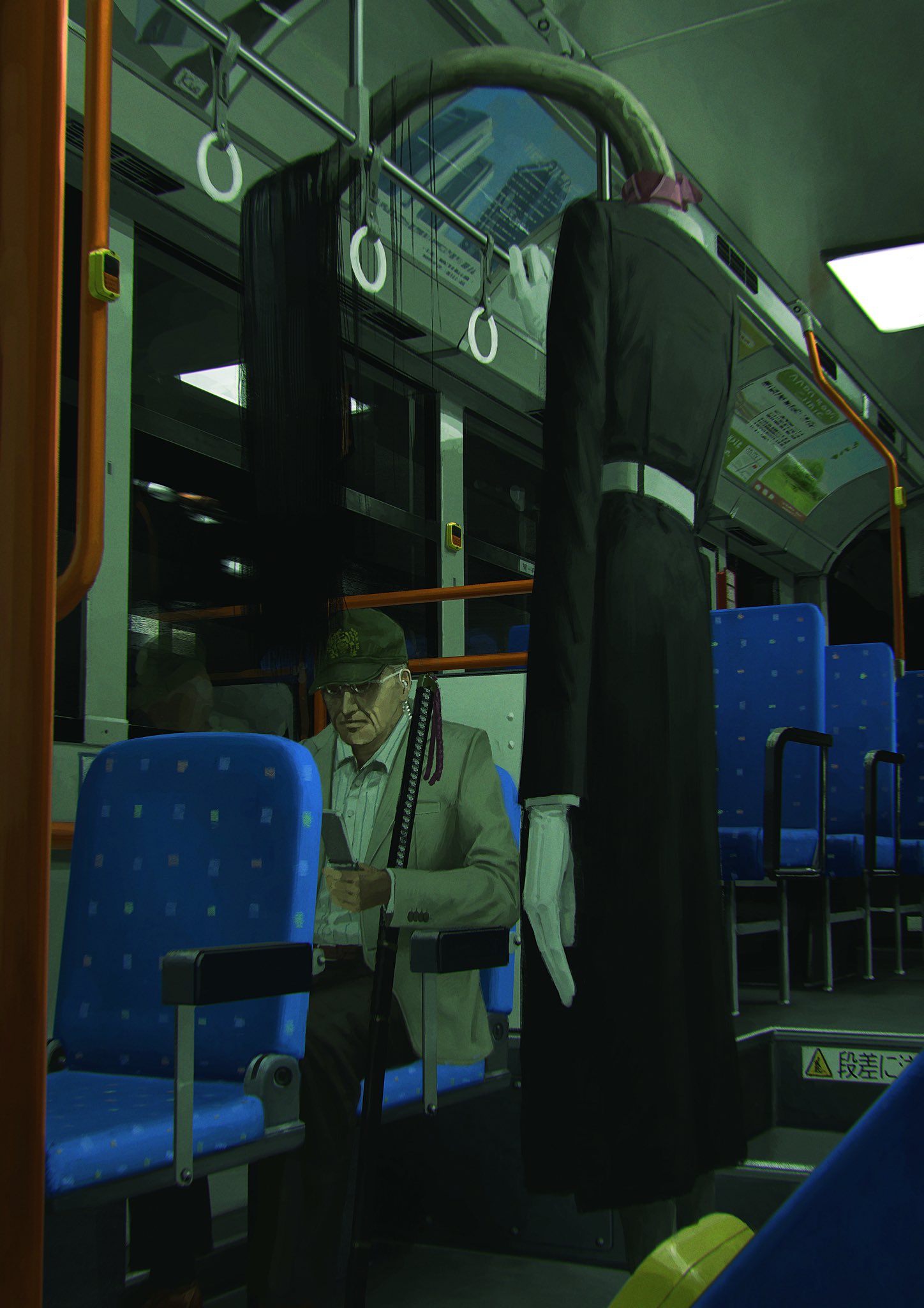 131_nngo, 1boy, 1girl, baseball_cap, black_hair, bus_interior, cellphone, coat