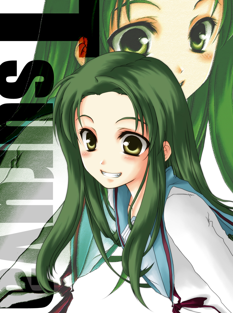 fang, forehead, green_hair, grin, long_hair, school_uniform, smile, solo