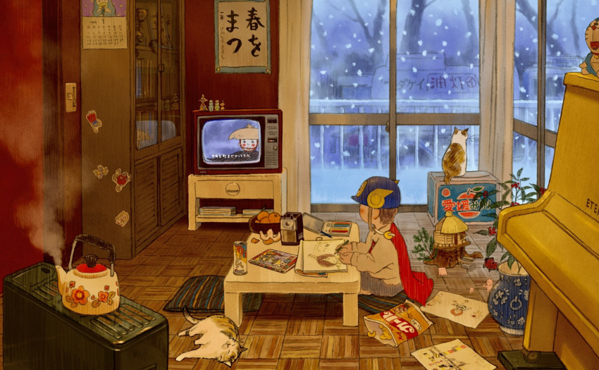 1986, 1boy, animal, book, cabinet, calendar_(object), cape, cat