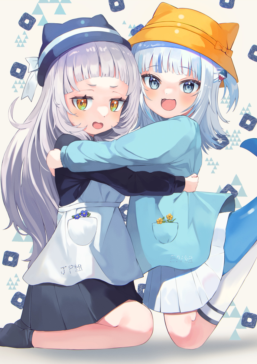 2girls, :d, absurdres, animal_hat, arched_bangs, black_jacket, black_skirt, black_socks