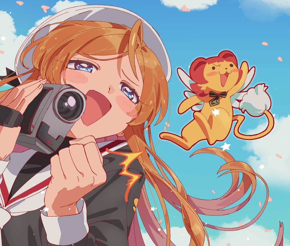 1girl, 1other, ^^^, ahoge, black_ribbon, black_shirt, blue_eyes, blue_sky