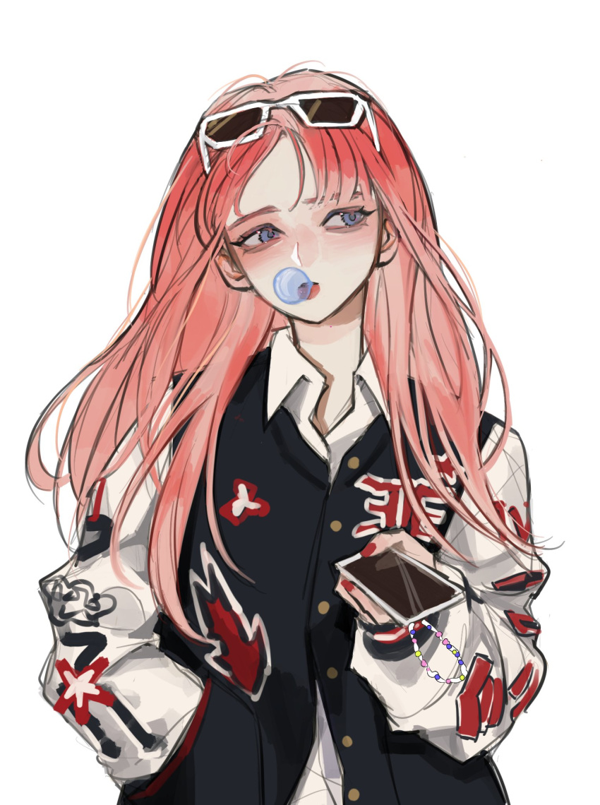 1girl, animification, black_jacket, blue_eyes, blush, bubble_blowing, collared_shirt, eyewear_on_head