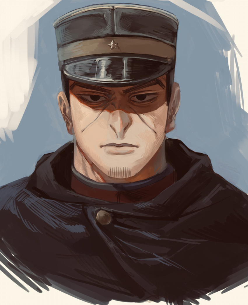 1boy, black_eyes, black_headwear, facial_hair, golden_kamuy, hat, highres, kepi