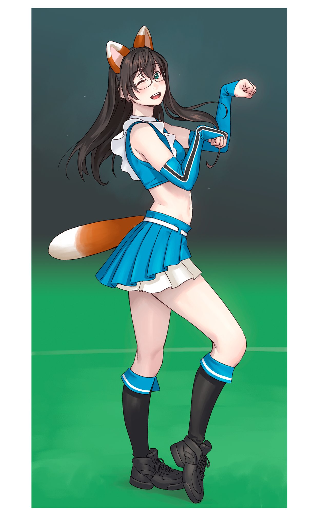 1girl, alternate_costume, animal_ears, animal_hands, baseball_stadium, black_footwear, black_hair, black_socks