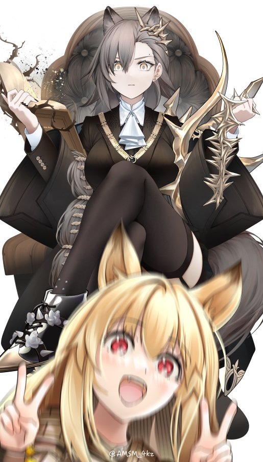 2girls, animal_ears, arknights, black_thighhighs, blonde_hair, book, ceobe_(arknights), crossed_legs