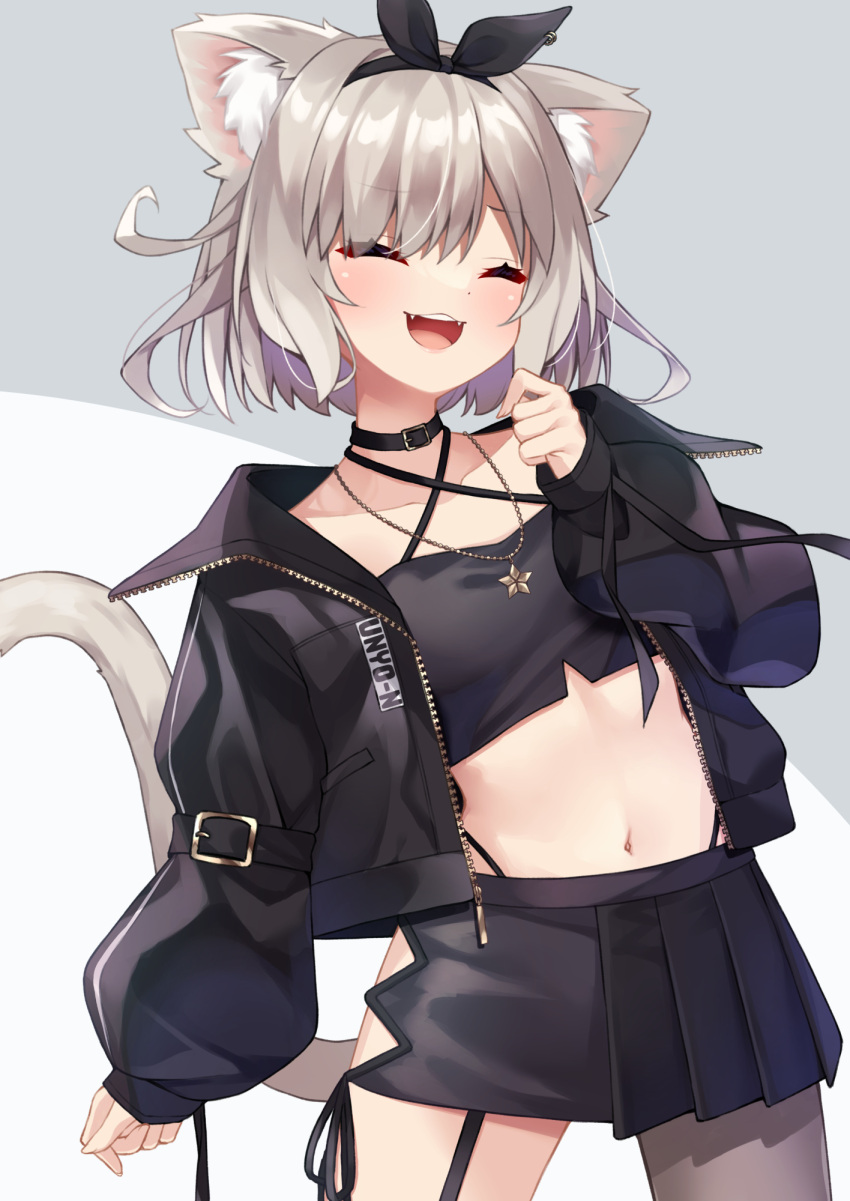 1girl, :d, ^_^, animal_ear_fluff, animal_ears, black_hairband, black_jacket, black_shirt
