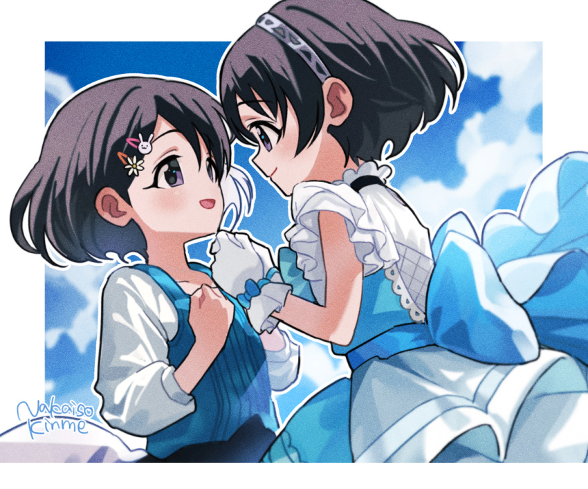 1girl, artist_name, blue_sky, blush, brown_hair, dress, dual_persona, eye_contact
