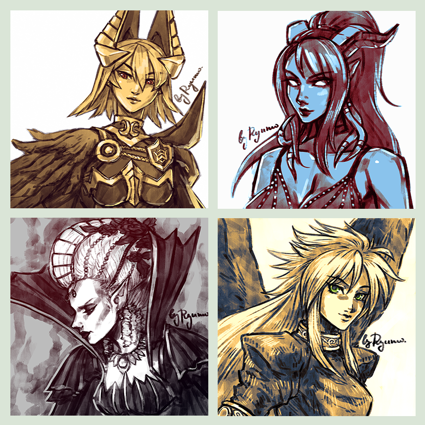 4girls, black_wings, breath_of_fire, breath_of_fire_ii, draenei, dress, fire_emblem, fire_emblem_heroes, green_eyes, horns, isabella_von_carstein, laegjarn_(fire_emblem), multiple_girls, neryumo, nina_(breath_of_fire_ii), portrait, red_eyes, sketch, vampire, warcraft, warhammer_40k, warhammer_fantasy, wings