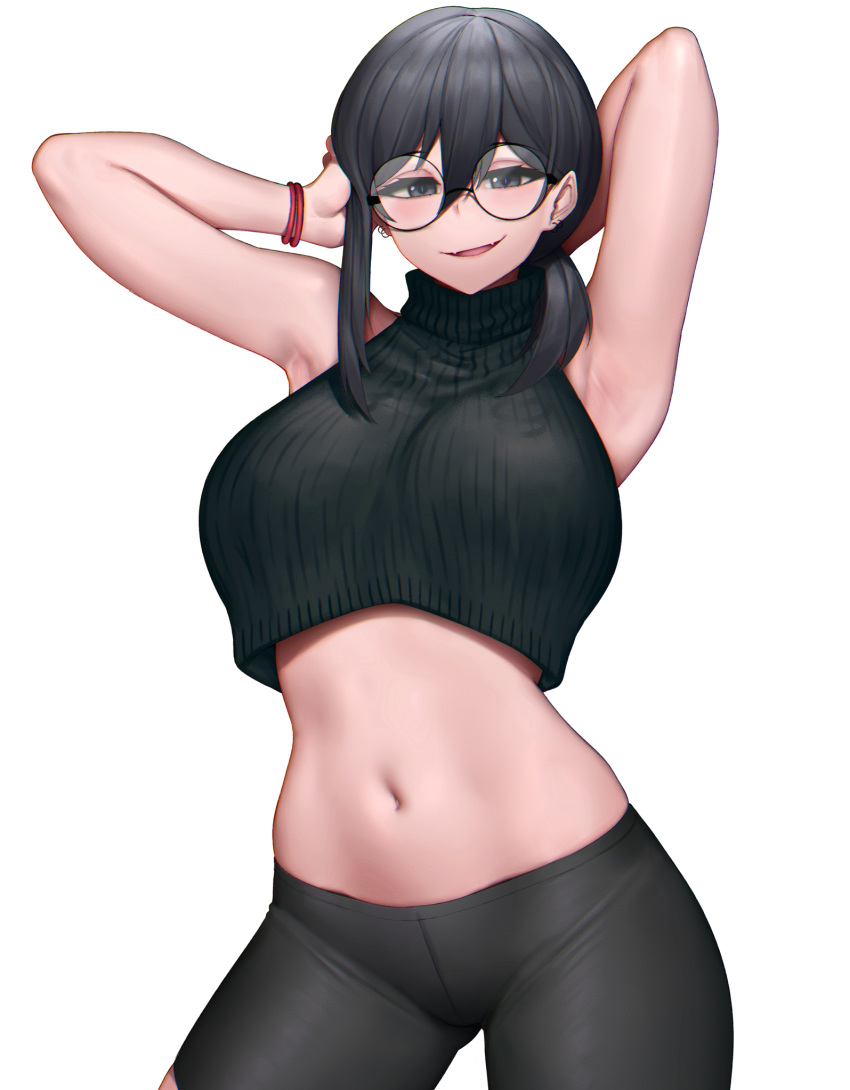 1girl, armpits, arms_up, bracelet, breasts, crop_top, cropped_sweater, glasses, highres, jewelry, large_breasts, midriff, navel, original, revian_samuel_dani, sleeveless, smirk, tomboy, turtleneck