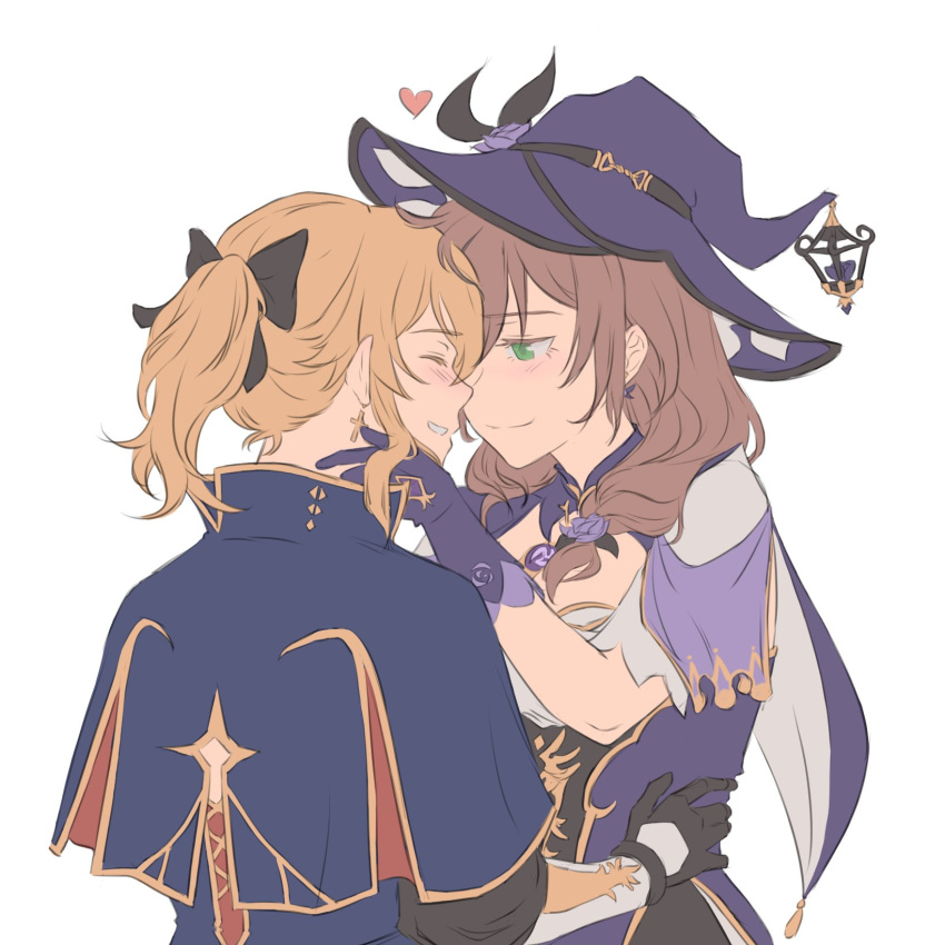2girls, black_bow, black_gloves, blonde_hair, blue_capelet, blush, bow, brown_hair