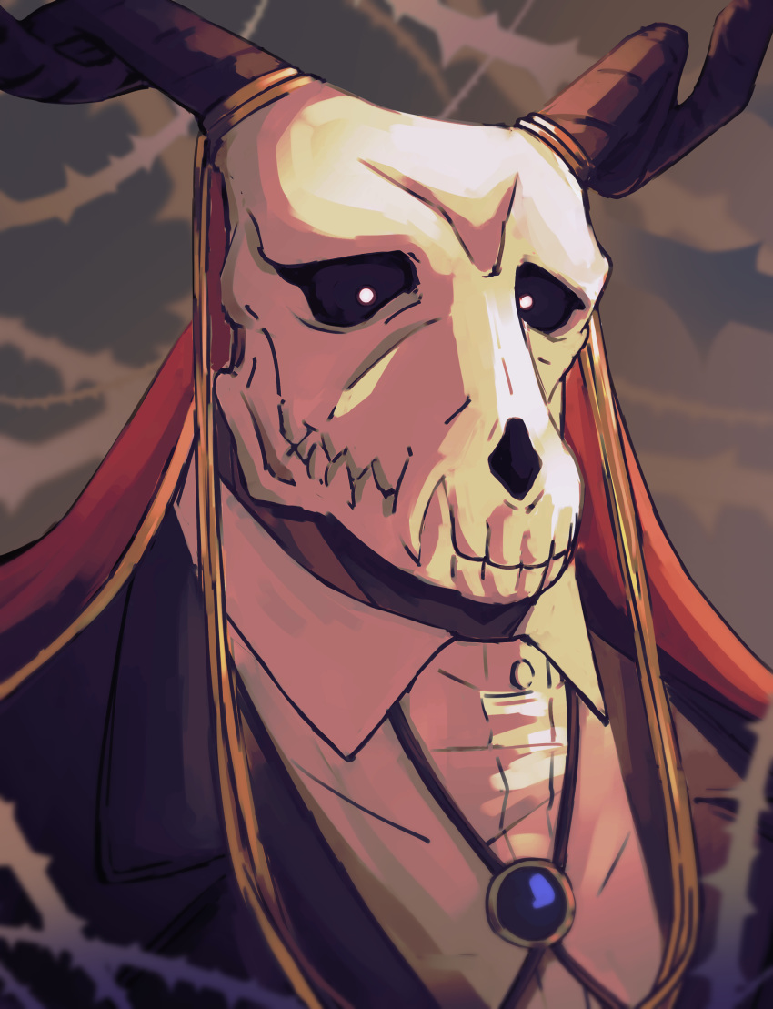 1other, absurdres, black_sclera, bolo_tie, colored_sclera, elias_ainsworth, formal, highres, horns, kayukawatanuki, looking_at_viewer, mahou_tsukai_no_yome, portrait, red_headwear, skull, solo, suit, thorns