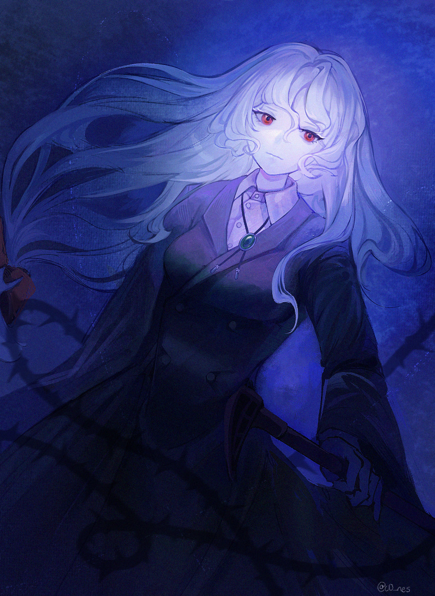 1other, androgynous, blue_background, bolo_tie, cane, cones_(c0_nes), elias_ainsworth, highres