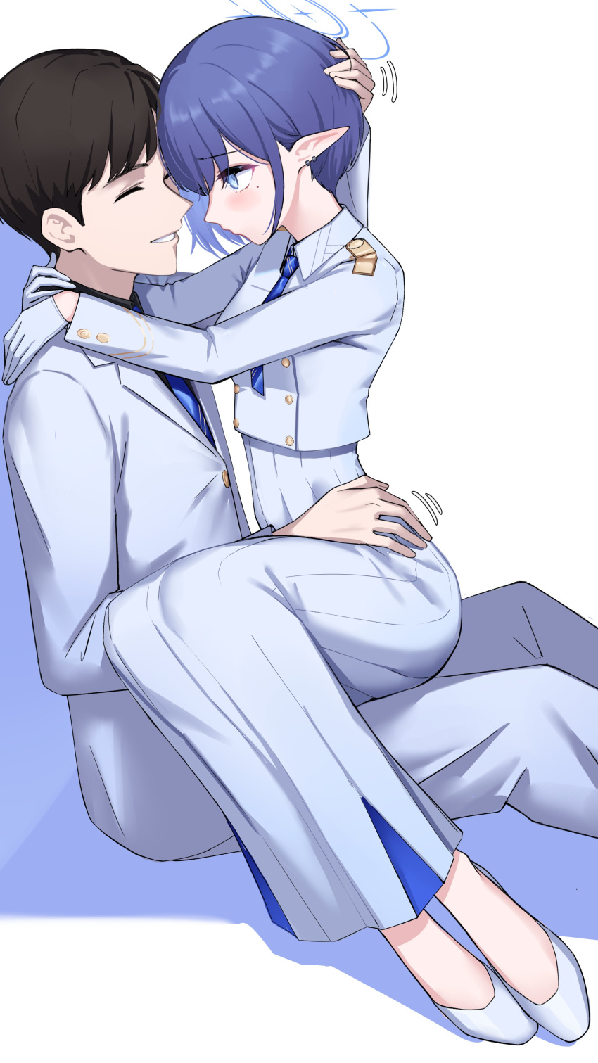 1boy, 1girl, absurdres, aoi_(blue_archive), black_hair, blue_archive, blue_eyes, blue_hair, blue_necktie, blush, earclip, formal, gloves, halo, headpat, high-waist_skirt, highres, long_skirt, mole, mole_under_eye, necktie, onuj2$, pants, pleated_skirt, pointy_ears, sensei_(blue_archive), shirt, short_hair, sitting, sitting_on_lap, sitting_on_person, skirt, smile, suit, white_footwear, white_gloves, white_pants, white_shirt, white_skirt, white_suit