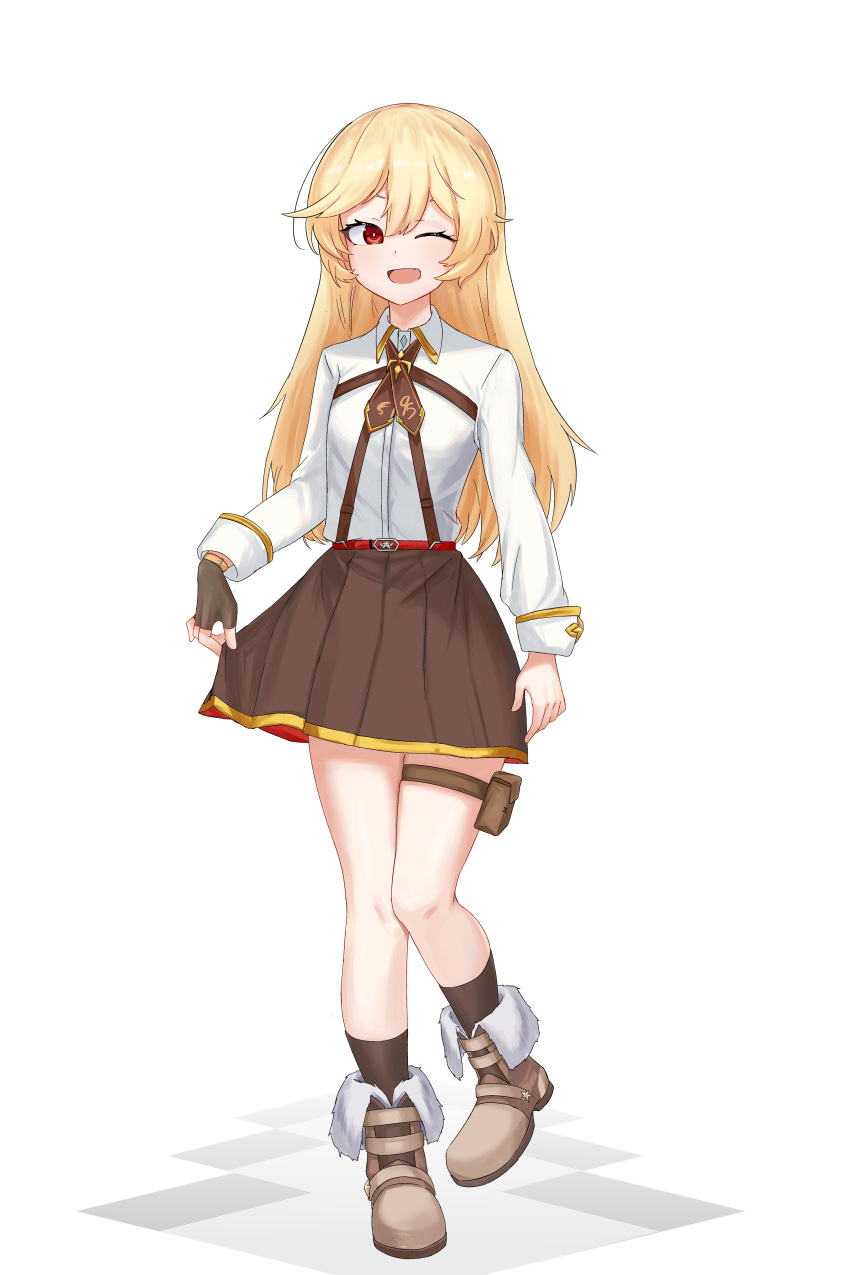 1girl, ;d, absurdres, animal_ears, blonde_hair, brown_footwear, brown_gloves, brown_neckerchief