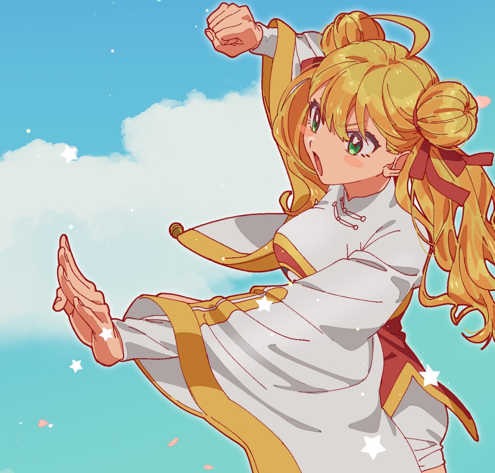 1girl, ahoge, blonde_hair, blue_sky, blush, bow, breasts, cardcaptor_sakura