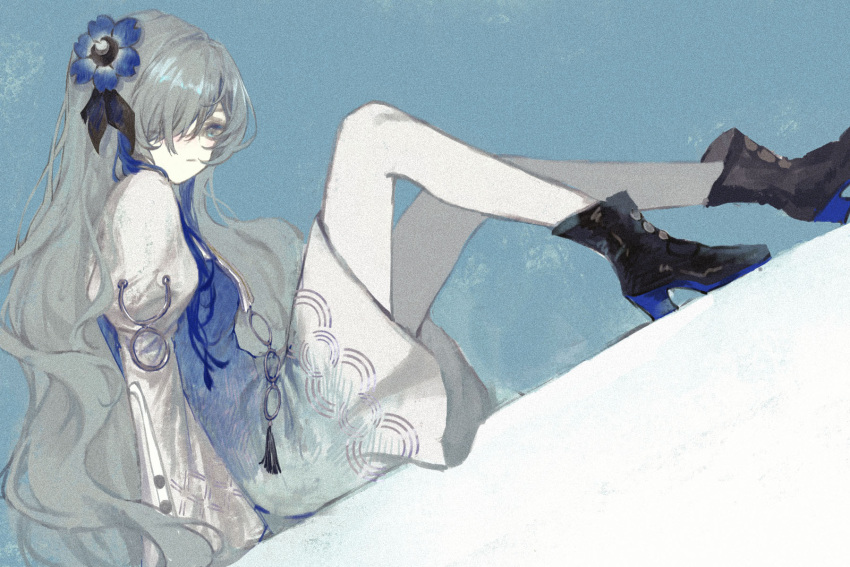 1girl, black_footwear, blue_dress, blue_eyes, blue_flower, blue_hair, boots, dress
